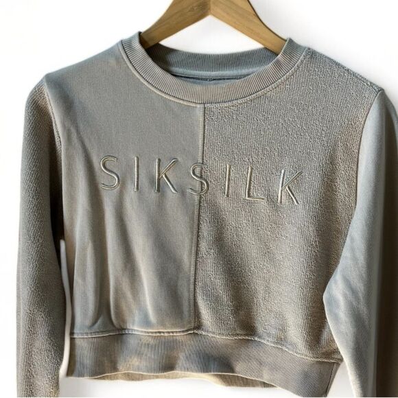 SilkSilk Cotton Blend Mixed Media Cropped Graphic Crewneck Sweatshirt in Tan 6 N - Picture 3 of 16